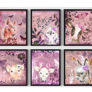 Set of 6 Baby Farm Animals UNFRAMED Wall Art Prints, Baby Shower Nursery Gift